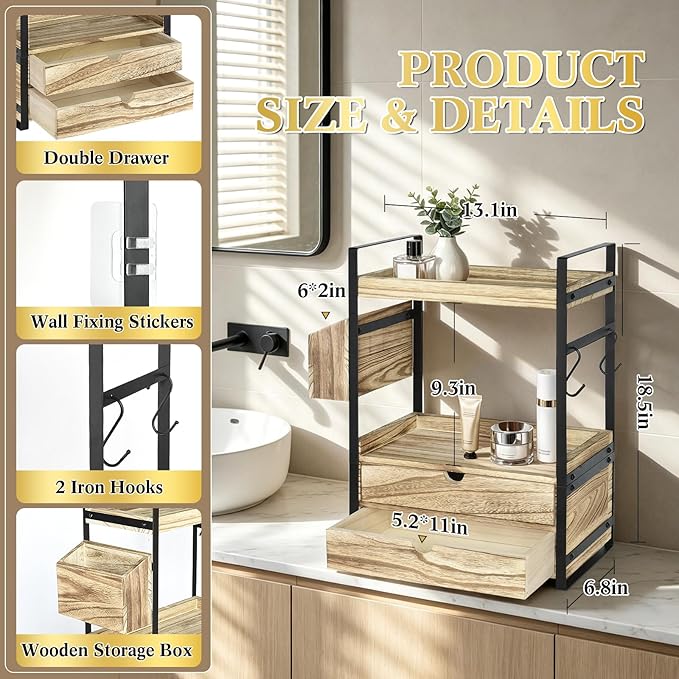 2-Tier Bathroom Counter Organizer with 2 Drawers, Basket and Hooks, Wood Bathroom Organizers and Storage for Countertop, Farmhouse Bathroom Countertop Organizer for Vanity, Kitchen, Coffee Bar, Office