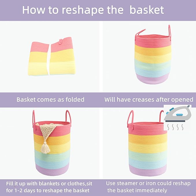 Woven Cotton Rope Laundry basket-15”X20” Laundry Hamper-Rope Storage Basket for Dirty Clothes, Toys and Blankets Perfect for Bathroom, Baby nursery and Living Room Storage (rainbow)