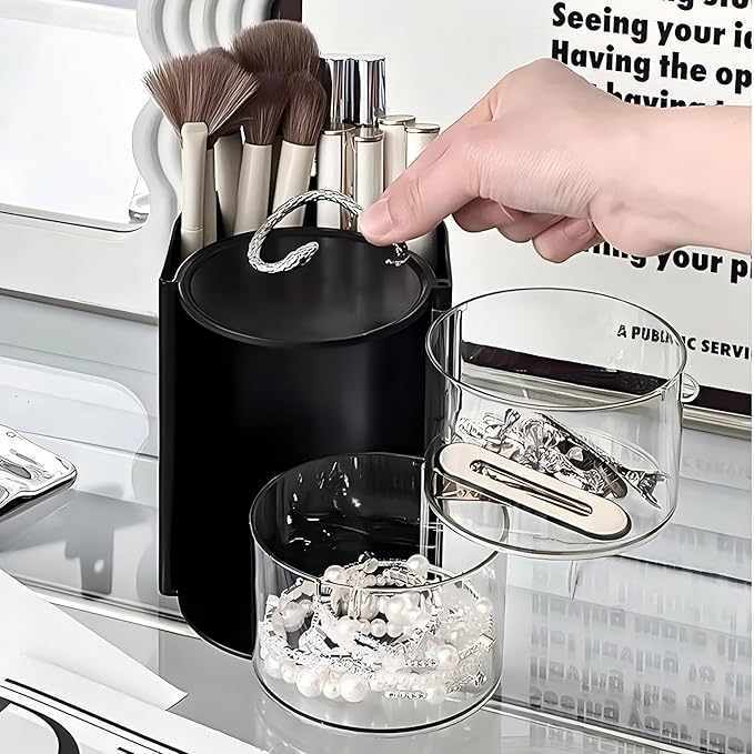 Azurphoric Hair Accessories Organizer with Hair Brush Holder, Rotatable Makeup Brush Holder for Necklaces, Earring, Bracelet, Ring, Makeup Brushes, Hair Clip and Hair Accessories (Black, 2-Layer)