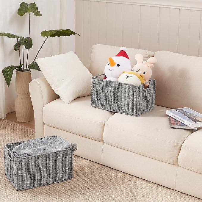 Vagusicc Wicker Storage Basket, Set of 2 Hand-Woven Paper Rope Wicker Basket, Small Storage Baskets for Organizing Toilet Paper Basket, Foldable Large Cube Storage Organizer Bins for Shelves (Grey)