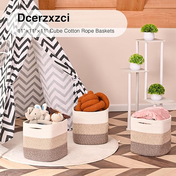 11 Inch Cube Storage Bins, Organizing Bins for Cube Organizer, Storage Baskets for Organizing, Woven Storage Basket for Shelves, Cotton Rope Baskets for Storage, Gradient Brown (Pack of 3)
