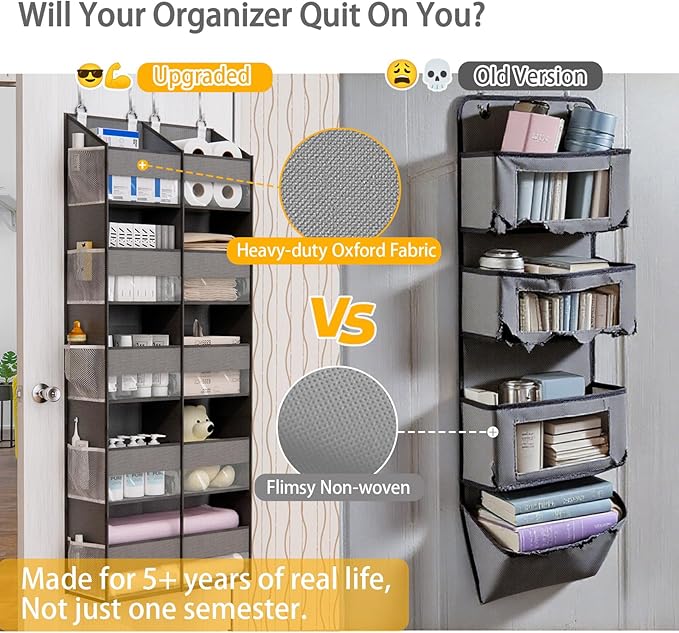 Over The Door Organizer with 5 Shelves, 9 Compartments + 10 Side Pockets, 90+ lbs Weight Capacity, Heavy-Duty Behind the Door Organizer Hanging Closet Organizer and Storage for Room Essentials (Grey)