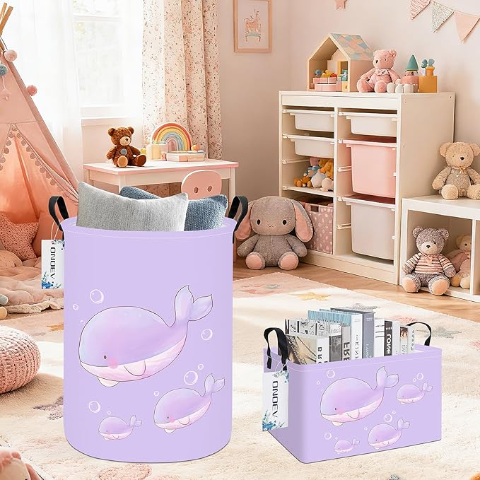Round Cute Whale Laundry Basket,Collapsible Laundry Hamper for Nursery,Toy Storage Bin for Kids Girls,Waterproof Storage Basket for Home,Bedroom,Playroom,New Parent Gift(Purple Whale)