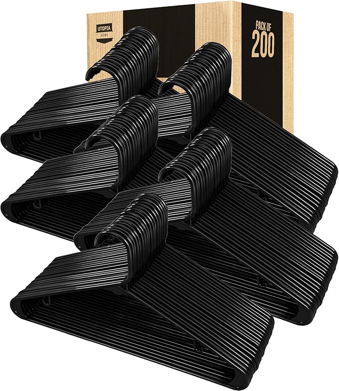 Utopia Home Plastic Hangers 200 Pack - Space Saving Clothes Hanger - Durable & Strong Closet Organizers and Storage with Built-in Strap Hooks - Essential for Shirts, Pants, Skirts & Coats (Black)