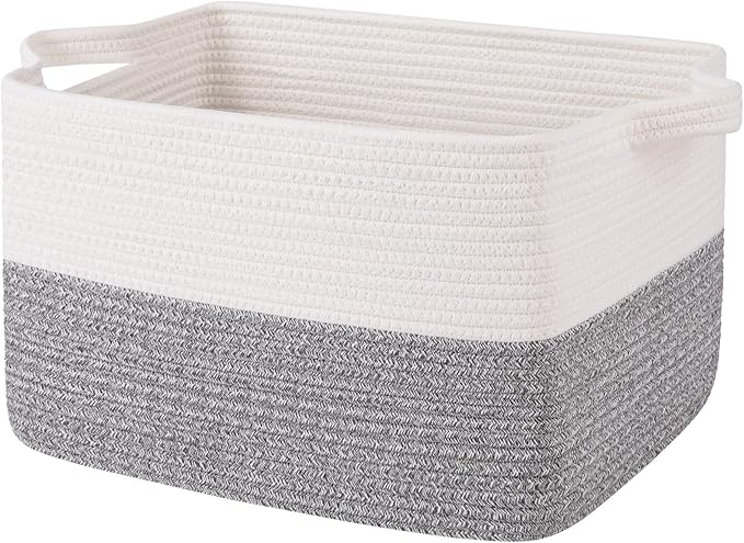 OIAHOMY Woven Storage Basket for Shelves, Rectangle Cotton Rope Baskets for Organizing, 16 x 12 x 10 in, Storage Bins for Dog Toys,Towel,Books,Gift,Grey and White