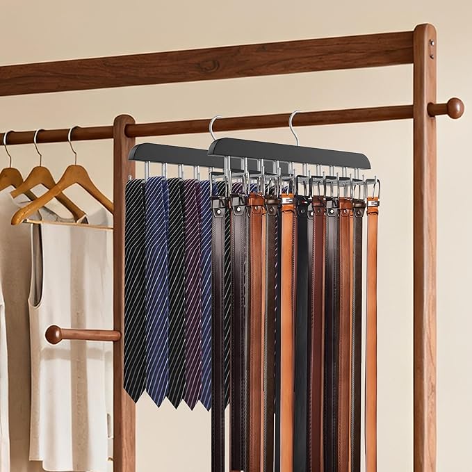 Tie Rack Hanger for Closet, 2 in 1 Belt Tie Hangers with 20 Folding Hooks, 360 Degree Rotating Wooden Tie Holder Organizer for Men Ties Belts Scarves Tank Tops Accessories, Black (1 Pack)