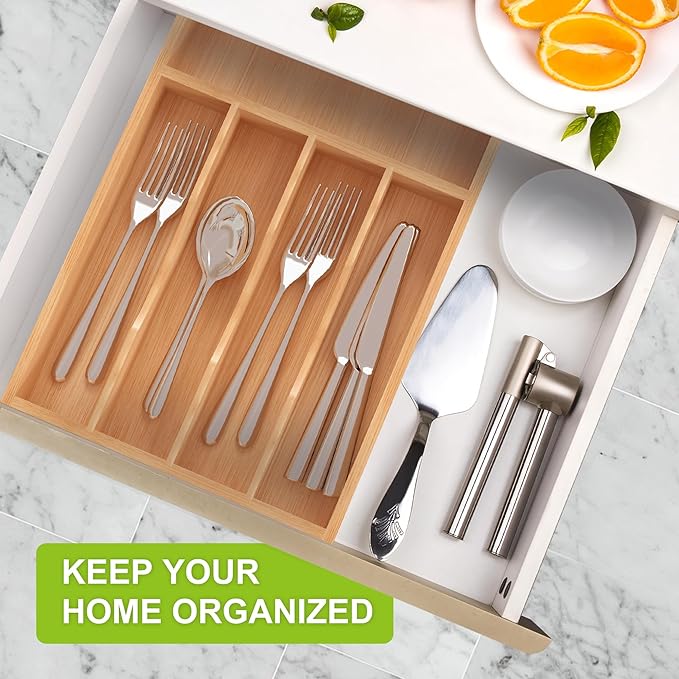 Unibambou Bamboo Utensil Drawer Organizer with Removable Dividers, Kitchen Organizer for Flatware Cutlery, Silverware Tray for Drawer (6/5 Flexible Slots, Natural)