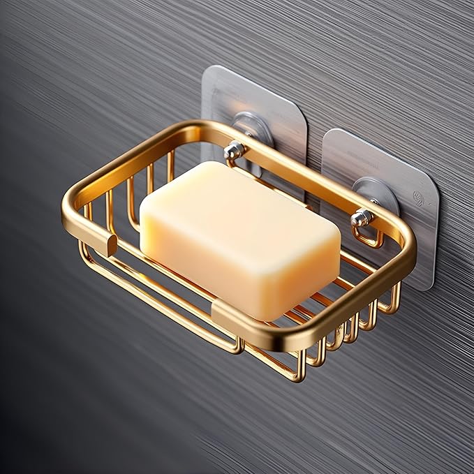 Gold Bar Soap Holder for Shower Wall,Stainless Steel Adhesive Soap Dish for Bathroom,Drill Free Soap Holder Storage Rack Soap Dishes Holders and Dispensers Bathroom Accessories