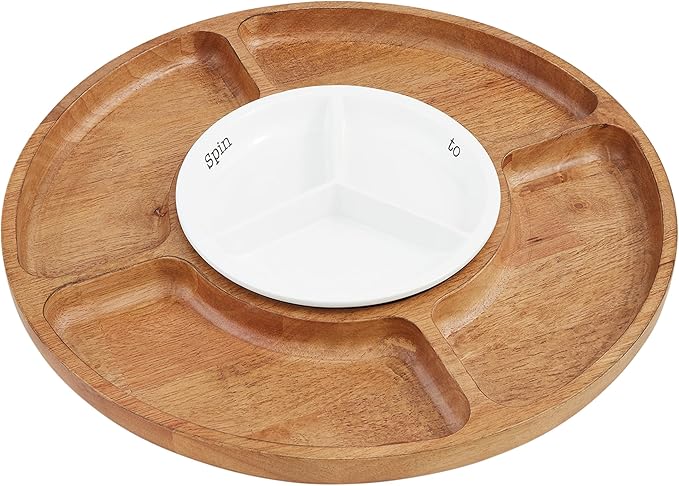 Mud Pie Wood Ceramic Lazy Susan, 15" dia, BROWN