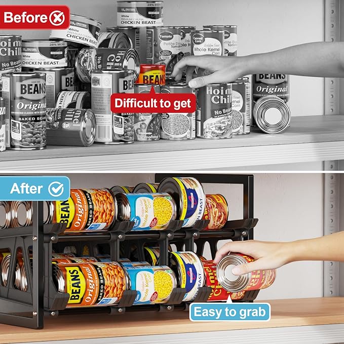iSPECLE Expandable Can Storage Organizer Pantry, Large Capacity 40 Cans Pantry Organizers and Storage, Auto Rolling Dispenser & Stackable for Deep Pantry Shelves, Black