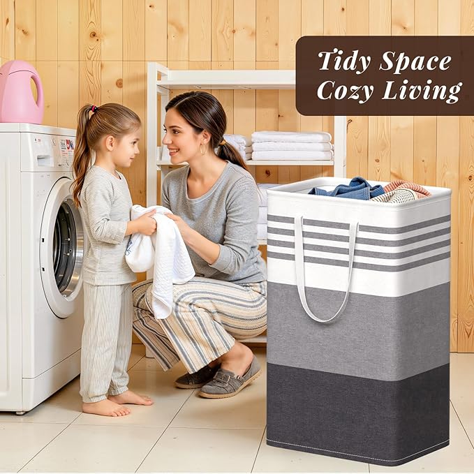 WOWBOX 2 Pack Laundry Baskets, Laundry Hampers, Freestanding Dirty Clothes Hampers with Reinforced Handles & Cross Stitch & Waterproof Coating, for Laundry Bedroom Bathroom Dorm,88L Grey