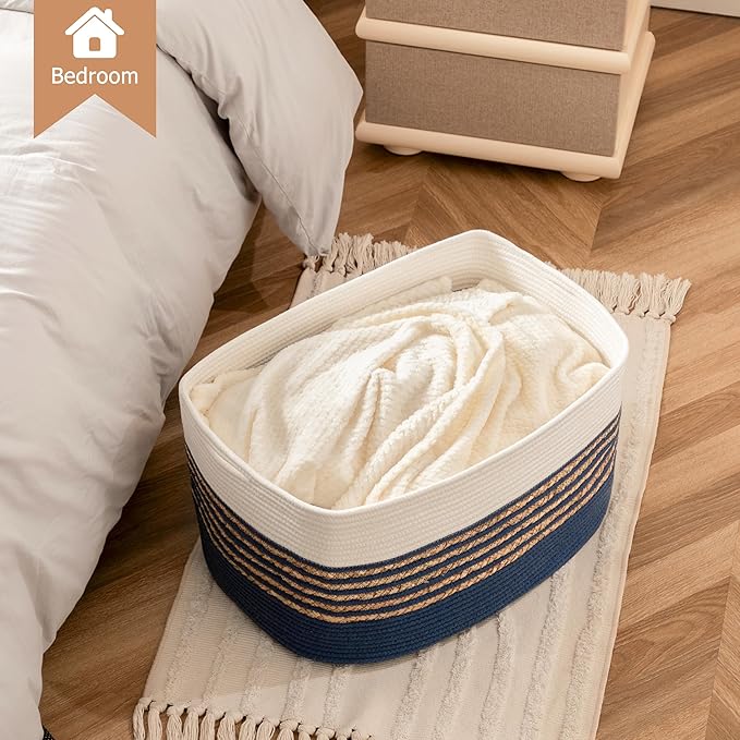 UBBCARE Blanket Basket, Large Rectangle Woven Storage Basket With Handles, Cotton Rope Toy Basket for Living Room, Nursery Baskets for Organizing, 22''L×17''W×12''H, Navy Blue