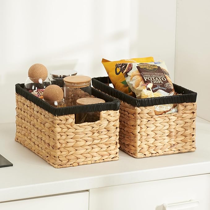 Edergoo Wicker Storage Basket 2 Pack, Water Hyacinth Storage Baskets with Built-in Handles, Large Wicker Baskets for Storage & Organizing, Natural with Black