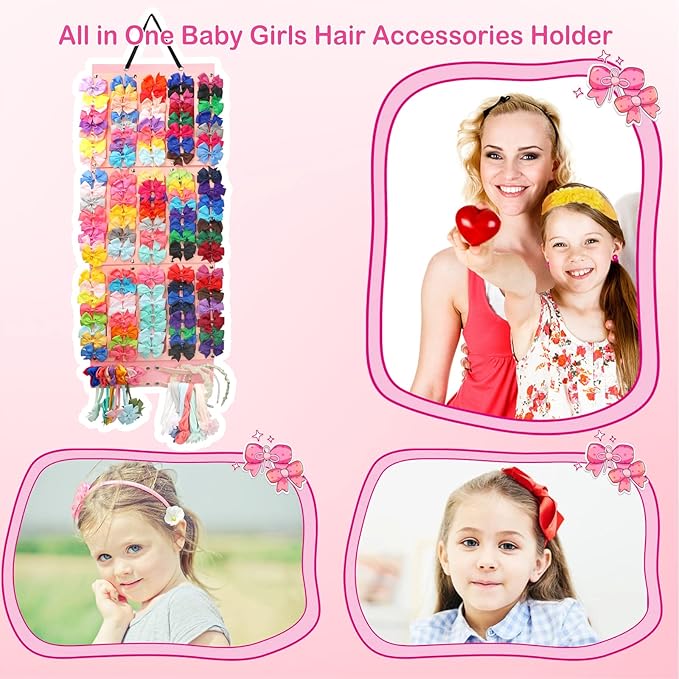 Hair Bows Holder & Organizer w/Extra Large Capacity, Head Bows Hanger, 27 Ribbons, Baby Hair Accessory Storage Display with Sturdy Rope, Wall Hanging for Girl Room
