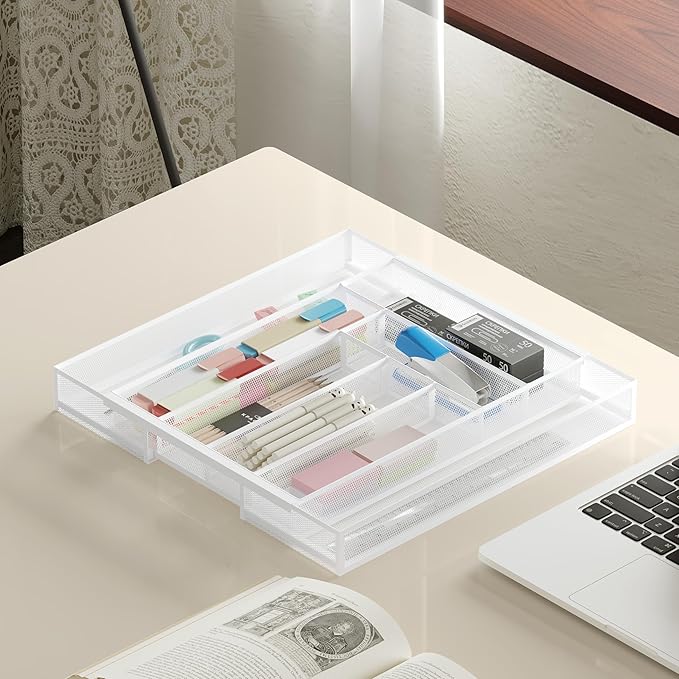 Sedegn Silverware Organizer Metal Mesh, Large Drawer Organizer, Utensil Cutlery Tray for kitchen drawers, Expandable Flatware Organizer with 8 Compartment White 11.6"~20" x 17.3"