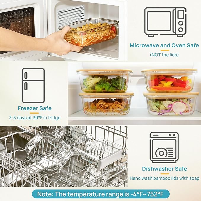 Vtopmart 5 Pack 35oz Glass Containers with Bamboo Lids, Meal Prep Food Storage Containers, BPA Free, Microwave & Dishwasher Safe
