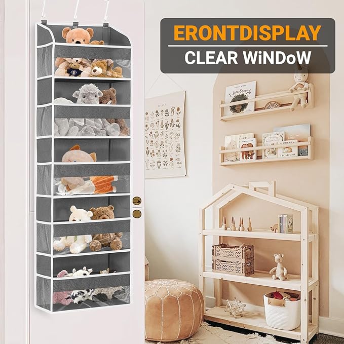 Gray 5 Layers Over The Door Organizer, Heavy Duty Hanging Organizer with Clear Window, 5 Large Pockets & 10 Mesh Side Pockets for Bedroom, Bathroom, Pantry, Nursery, Stores Shoes, Diapers