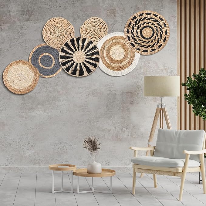 CroBlissful 7 Pcs Boho Wall Basket Decor Hanging Handcrafted Seagrass Woven Round Bohemian Basket Wall Decoration Art for Farmhouse Home Room Rustic Decorations Table, Multi Sizes(Classic)