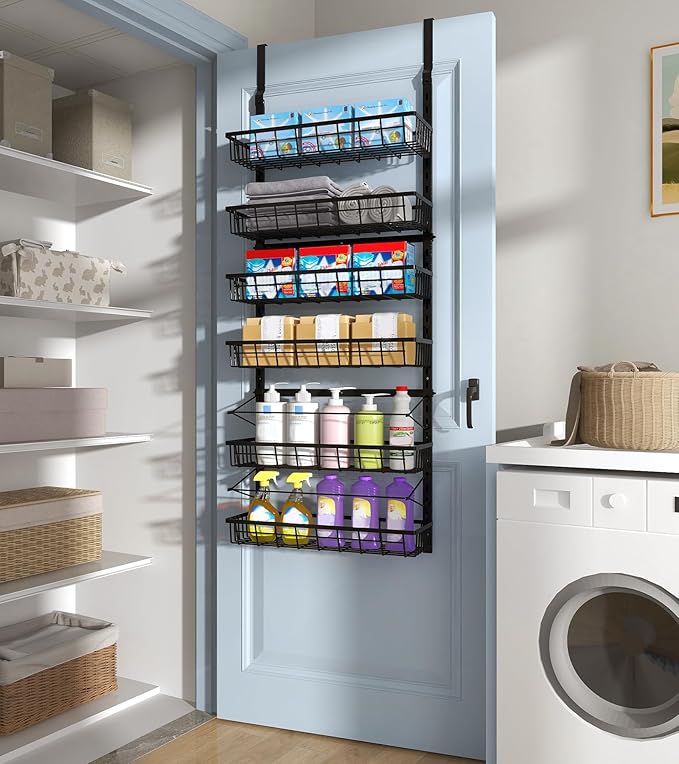 Mefirt Over The Door Pantry Organizer, Pantry Storage and Organization, 6-Tier Adjustable Hanging Baskets, Metal Wall Mount Spice Rack Seasoning Shelves for Home & Kitchen, Laundry Bathroom - Black