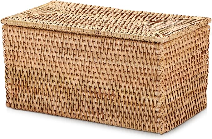 Hipiwe Rattan Basket Box with Lid Handwoven Wicker Storage Basket Bins Lidded Decorative Baskets Rectangular Household Baskets for Shelf Organizing Home Decor, 11.8"Lx6.2"Wx6.1"H
