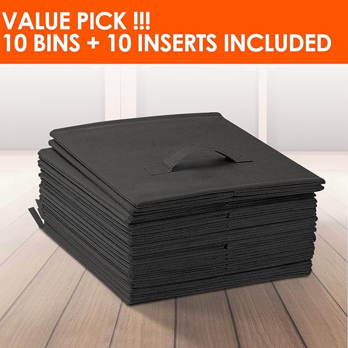 Criusia Storage Cubes, 11 Inch Clothes Storage Bins for Shelves Closet (10 Pack), Fabric Collapsible Storage Bins with Dual Handles, Cubby Storage Baskets Boxes, College Dorm Room Essentials (Black)