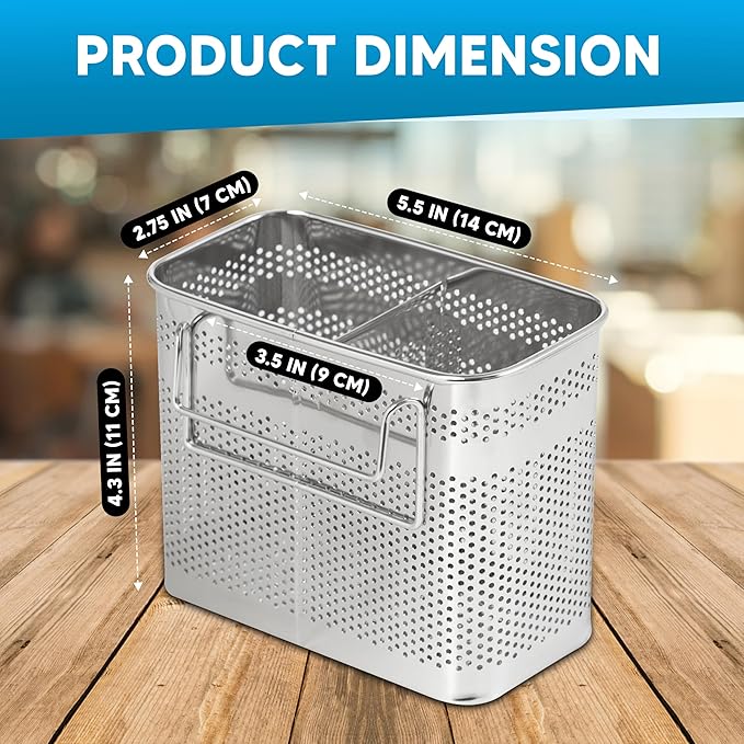 HOME&I Silverware Drying Basket for Dish Rack, SUS 304 Stainless Steel Hanging Utensil Holder with Wide Stable Hooks, 2-Compartment Cutlery Caddy for Kitchen Sink & Counterto