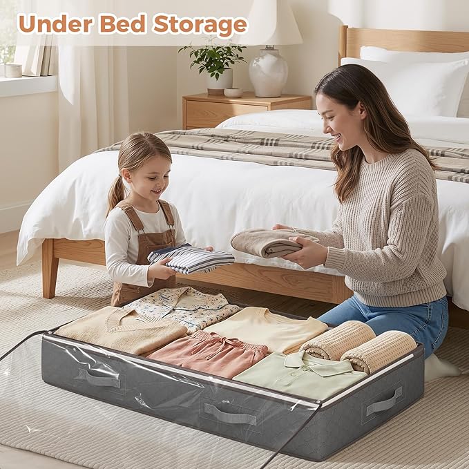 Budding Joy 90L Under Bed Storage Containers, Closet Organizers and Storage Bins, Foldable Underbed Storage Bags for Linen Sheets, Blanket, Clothing, Comforter, Sweaters, Pillows, Wrapping Paper, Grey