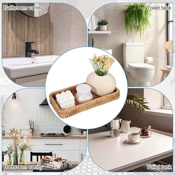 COMNICO Rattan Bathroom Vanity Tray, 10 Inch Natural Water Hyacinth Toilet Tank Baskets Decorative Wicker Vintage Storage Basket Topper Bins for Bathroom Kitchen Countertop Table