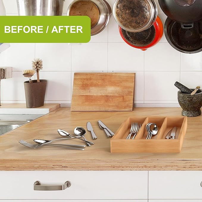 Unibambou Bamboo Utensil Drawer Organizer, Silverware Tray Organizer, Kitchen Drawer Organizer for Flatware Cutlery, (Natural, 3 Slots)