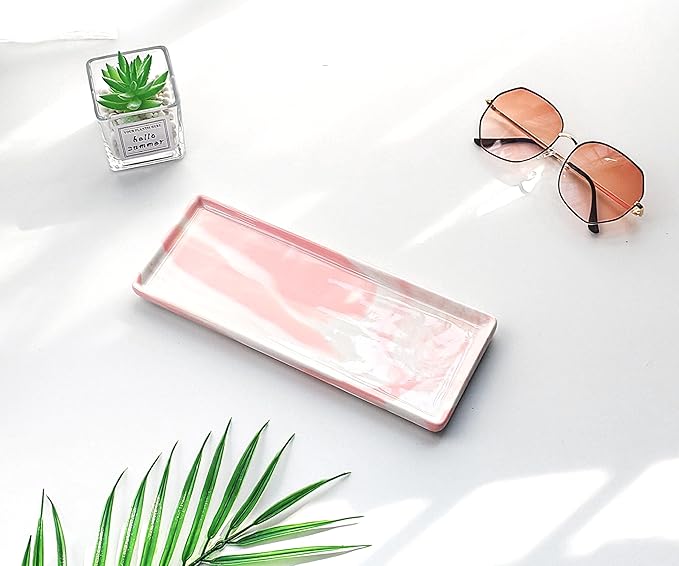 9.2" Porcelain Small Bathroom Tray, Ceramic Countertop and Vanity Tray for Cosmetics, Perfume, Jewelry, Candle - Kitchen Soap Tray for Kitchen Counter (Pink)