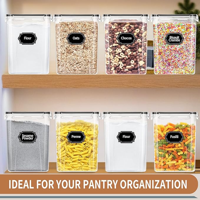 PRAKI Large Airtight Food Storage Containers 5.2L / 195oz, 4pcs Pantry Kitchen Organizers and Storage for Flour, Sugar, Baking Supplies, BPA Free, Plastic Flour Containers with 20 Labels & Maker