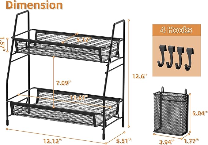 VITVITI 2-Tier Bathroom Organizer Countertop, Metal Wire Mesh Bathroom Counter Organizer Storage with Basket Hooks, Vanity Tray Shelf, Kitchen Spice Rack, Small Black