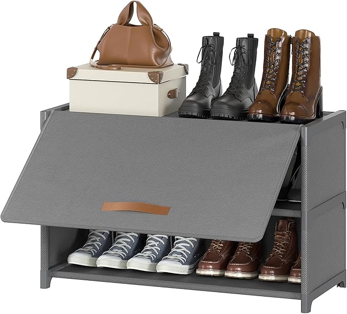 Shoe Rack, 3 Tier Shoe Storage Cabinet with Door 12 Pair Plastic Shoe Shelves Organizer for Closet, Entryway, Hallway, Bedroom, Grey
