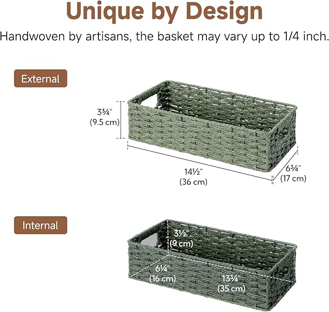 StorageWorks Small Wicker Toilet Basket Tank Topper with Built-in Handles, Toilet Paper Baskets for Back of Tank, Paper Rope Bathroom Basket Organizer and Storage for Sage Green Bathroom Decor, Green