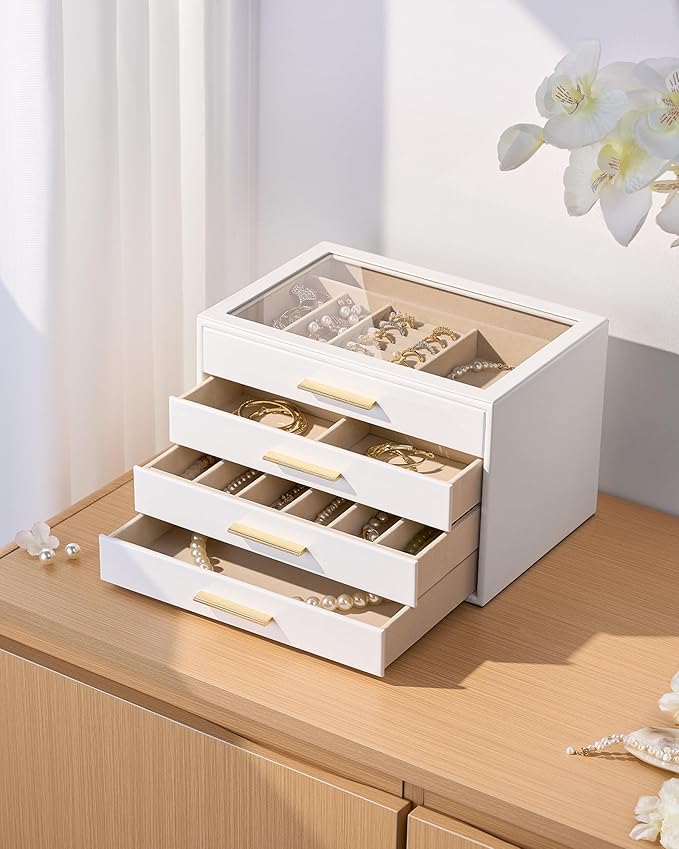 pickpiff Jewelry Box Organizer Case for Women: 4-Layer Jewelry Storage Case with Glass Window, Pure White Leather with Velvet Holder for Ring Necklace Bracelet Brooch Watch, Great Gift for Her