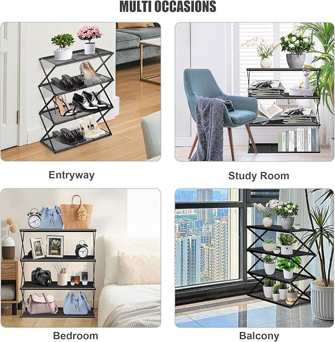 Shoe Rack for Entryway 4 Tier Foldable Shoe Rack Without Assembly Collapsible Metal Shoe Organizer Folding Shoe Storage Rack for Door, Living Room, Black