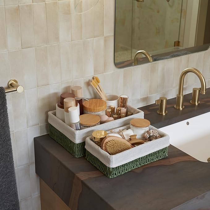 Beautiful Toilet Paper Storage Basket Set of 2 – Decorative Wicker Bathroom Organizer for Toilet Tank Trays - Quality Holder Bin for Shelves Fits Perfectly with Any Bathroom Decor