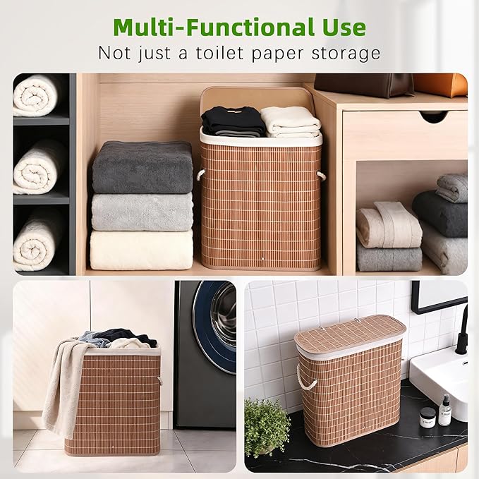 Livole Bamboo Toilet Paper Storage with Lid - 16 Regular Rolls or 12 Mega Rolls 36L Large Capacity Natural Toilet Paper Basket Organizer for Bathroom