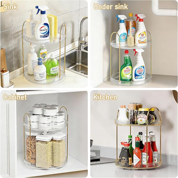 360° Rotating Makeup Organizer 2 Tier Large Capacity Perfume Skincare Tray for Dresser Spinning Bathroom Counter Organizer for Vanity Lazy Susan Turntable Storage for Kitchen, Clear