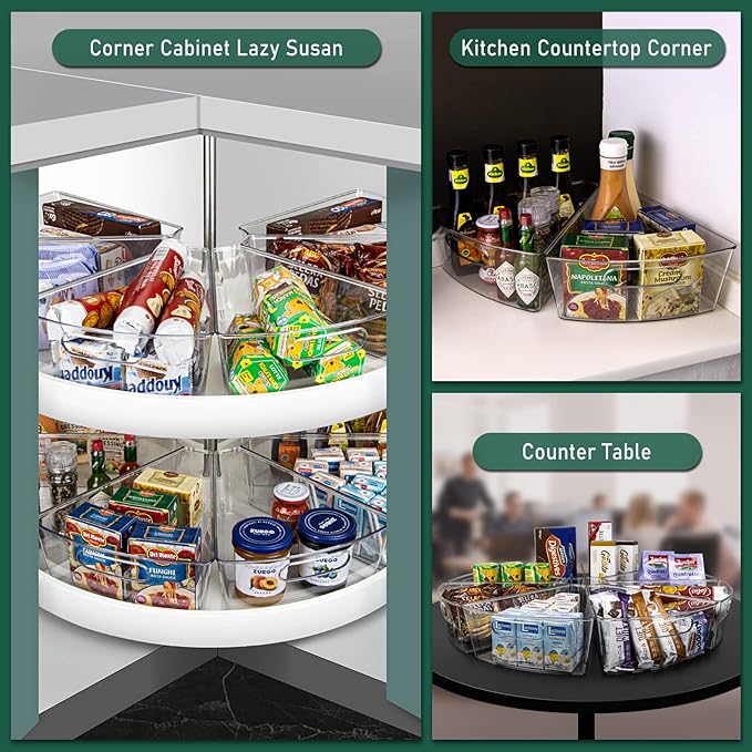 JEISSLIA Lazy Susan Cabinet Organizer Bins for 26"/ 28"/ 32" Diameter Corner Organizer, Plastic Cabinet Storage Bin, 1/8 Wedge - Food Safe, BPA Free, with Non-Slip Pads (for 28" Diameter, 6 Pack)