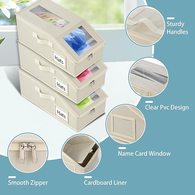 Stackable Hat Storage for Baseball Caps, 3 PCS Hat Storage Boxes for Closet, Holds up to 45 Caps with Cardboard, Hat Organizer for Women & Men (Two Clear Window) (Beige 3-Pack)