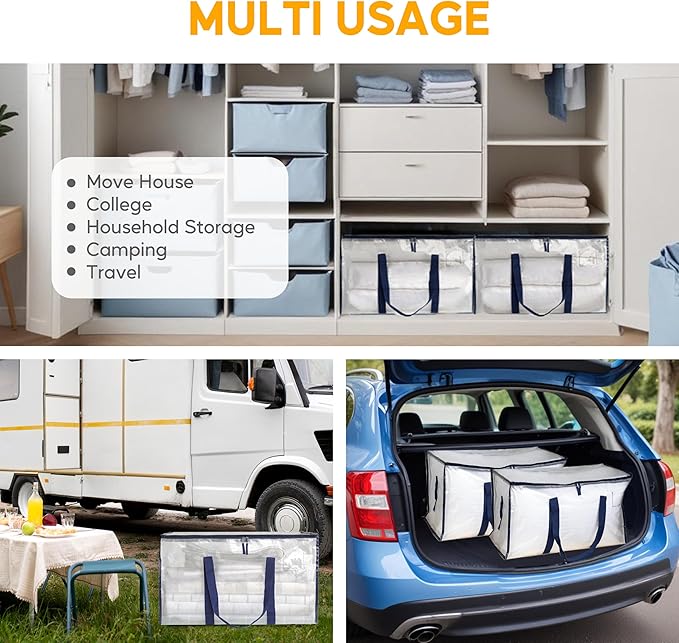 HealSmart 8 Pack Large Moving Bags with Zippers & Handles, Moving Supplies with lids, Heavy Duty Totes for Space Saving, Fold Flat, Moving and Storing, Clear