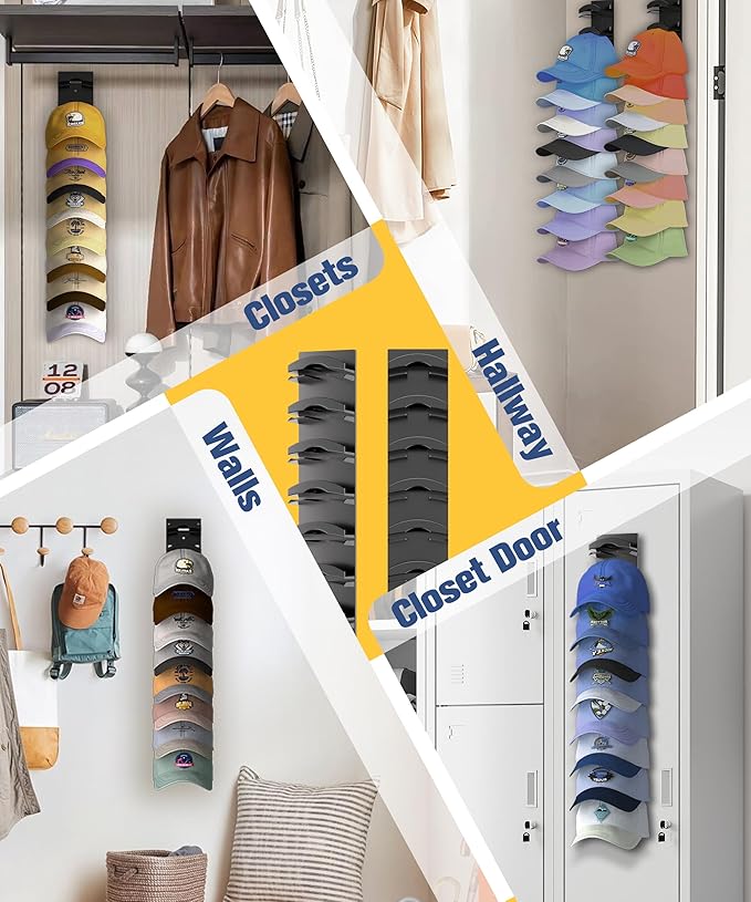Hat Organizer for Baseball Caps 2 Pack, Hat Rack for Wall Hold up to 20 Hats with Strong Adhensive, Hats Holder Hanger Space Saving for Displlay, Cap Organizer Storage Multilayer(Black)