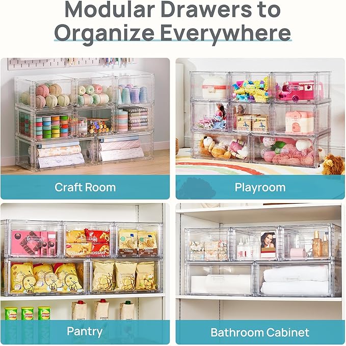 Vtopmart 8 Pack Large & Medium Stackable Drawer Organizer Set, 162QT Easy Assembly Clear Plastic Storage Cabinet, Durable Dresser for Closet, Bedroom, Entryway, Playroom & Apartment Organization