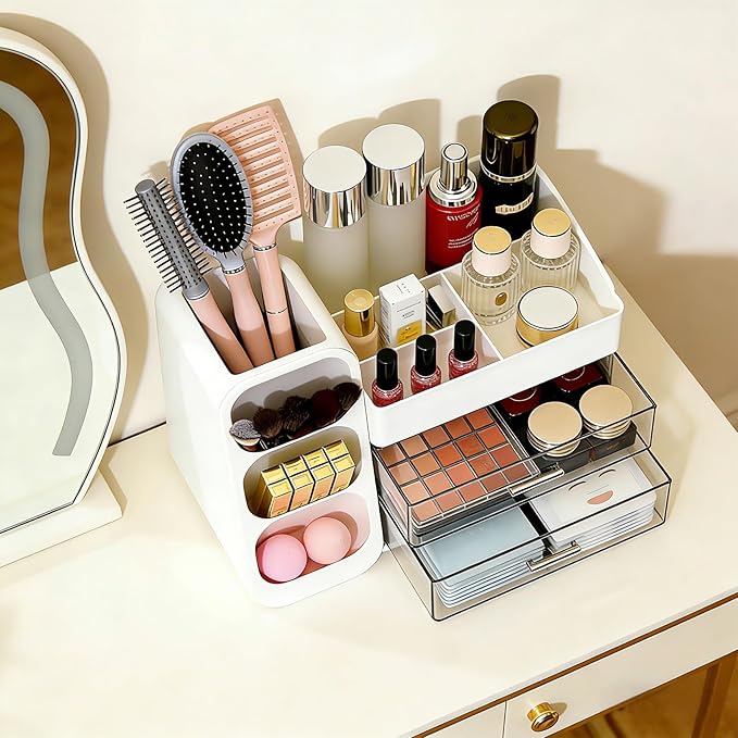 Makeup Organizer Countertop, Spacious Cosmetic Display Case with Makeup Brush Holder, Perfect Vanity Bathroom Organizer and Storage, White