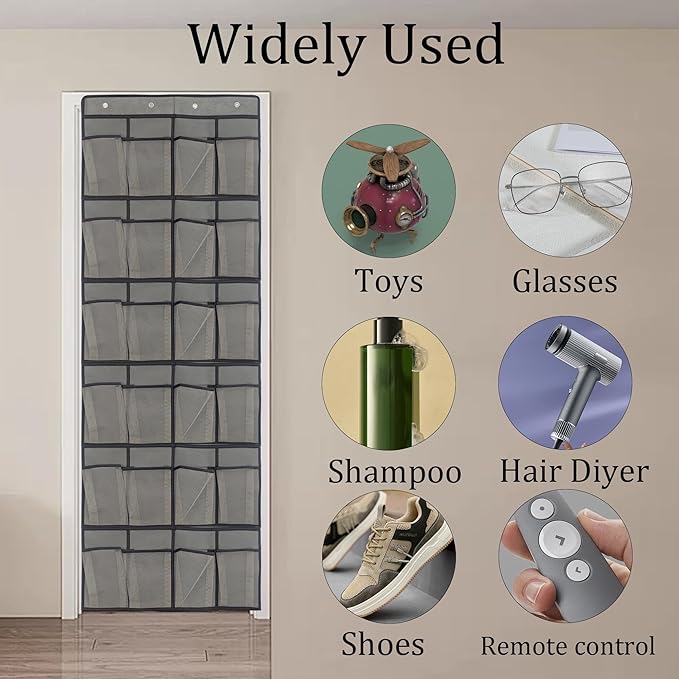 Gray Over Door Shoe Organizer, 24 Large Pockets Hanging Storage for Closet Organization, Space Saving Shoe Rack and Accessory Holder
