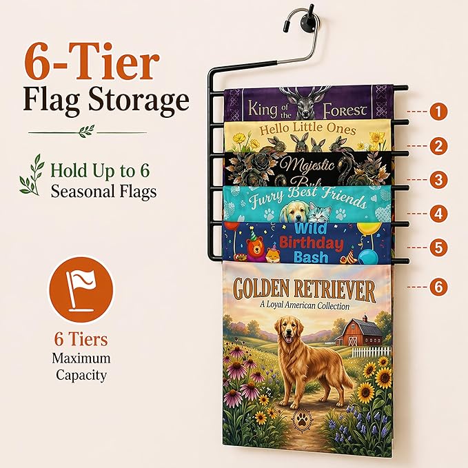 5 Pack 6-Tier Garden Flag Storage Organizer, Space Saving Storage for Bedroom, Garage & Home, Wrinkle-Free Design for Seasonal Flags, Pants, Jeans & Ties, Gift Idea for Home Organization.