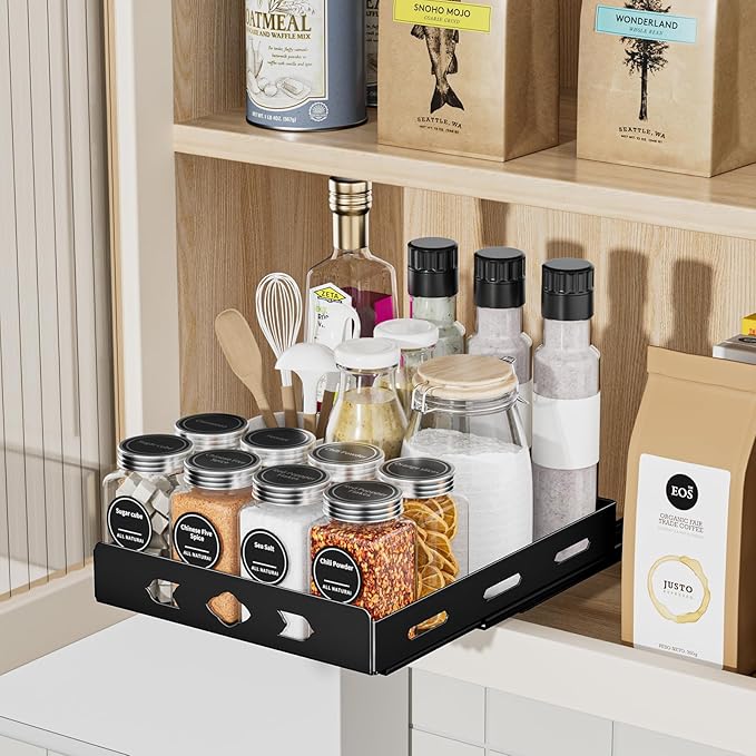 BOIVSHI Pull Out Spice Rack, Heavy Duty Spice Rack Organizer, 1 Tier Spice Organization for Cabinet, Vertical Spice Rack for Kitchen, Cabinet, Pantry (8.4''Wx10.5''Dx2.8''H, Metal Black)