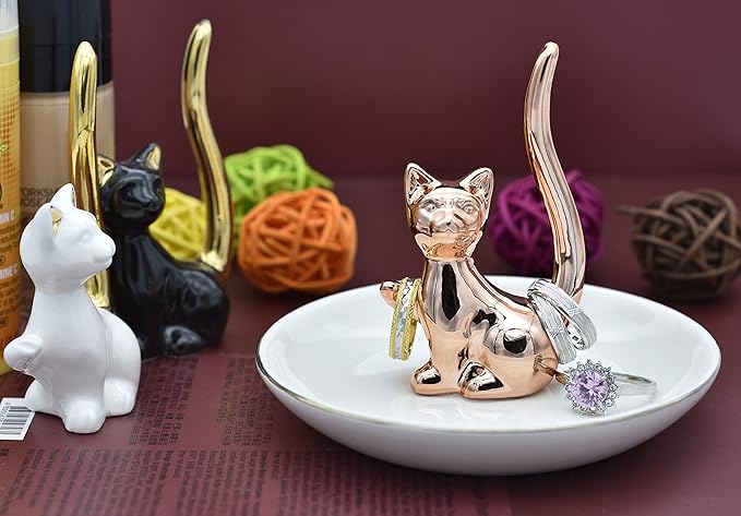 Rose Gold Lucky Kitten Rings Holder Jewelry Storage Dish Trinket Tray Decorative