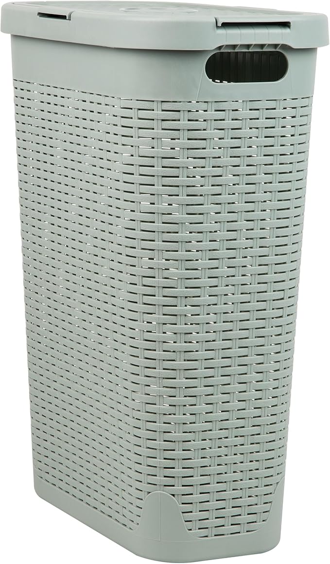 Mind Reader Slim Laundry Hamper with Lid, 40L Clothes Basket, Narrow Tapered Design with Ventilated Cutout Pattern, Plastic, Mint